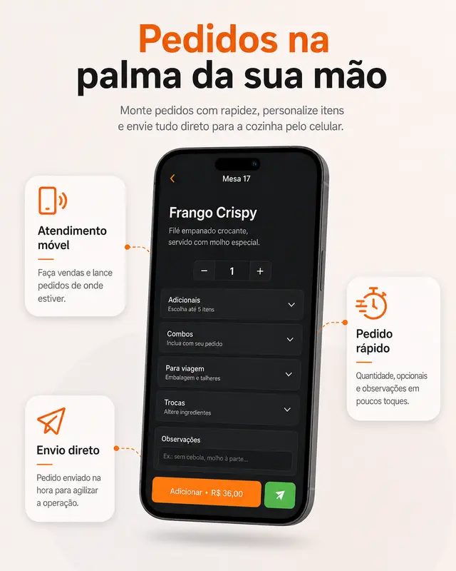 Mockup mobile do VUCA mostrando pedidos na palma da mão